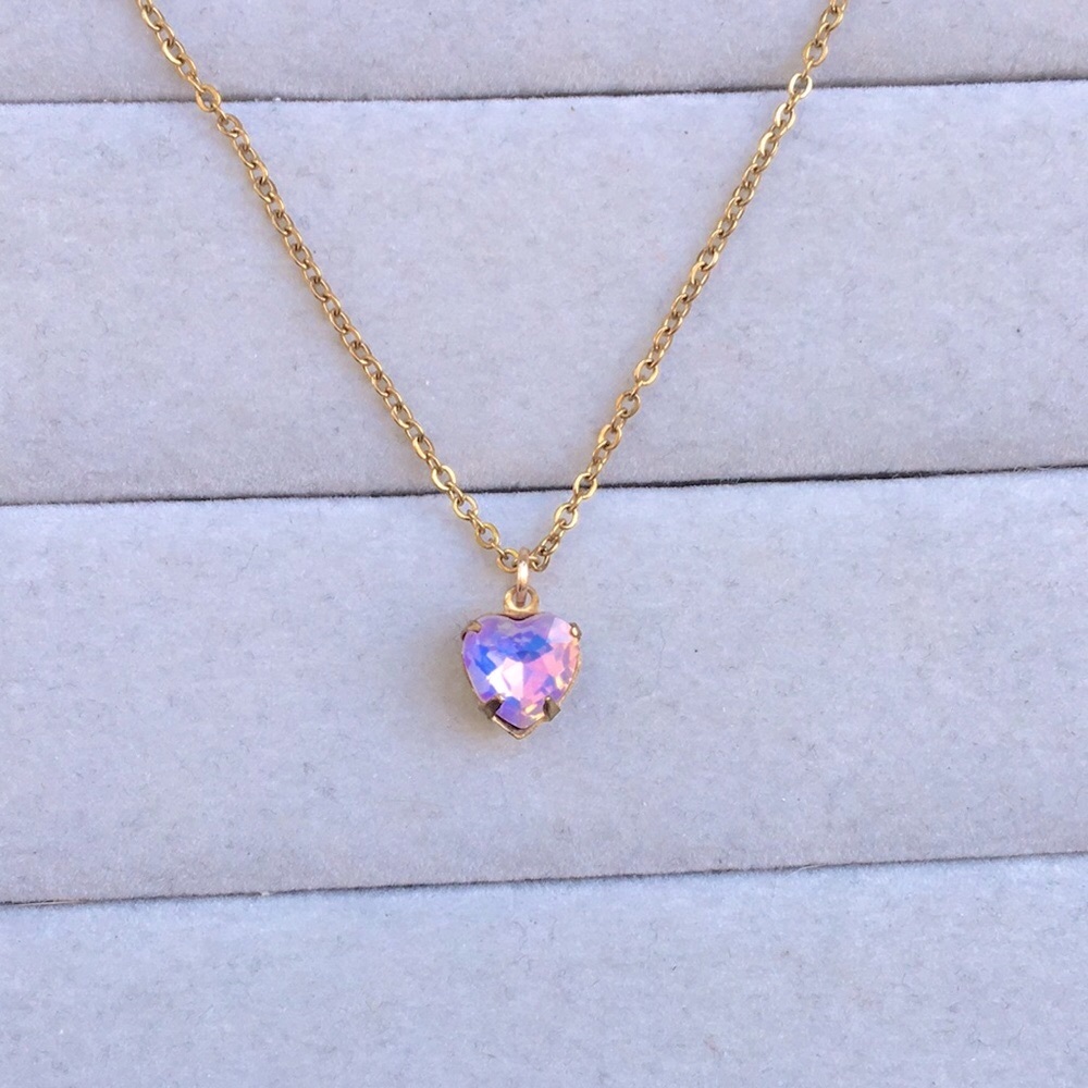 Lilac Pink-Purple Opal Aurora Borealis + Gold Crystal Heart Drop Necklace